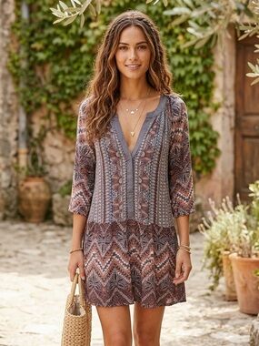 Cape Juby Boho Printed Dropped Waist Mini Dress